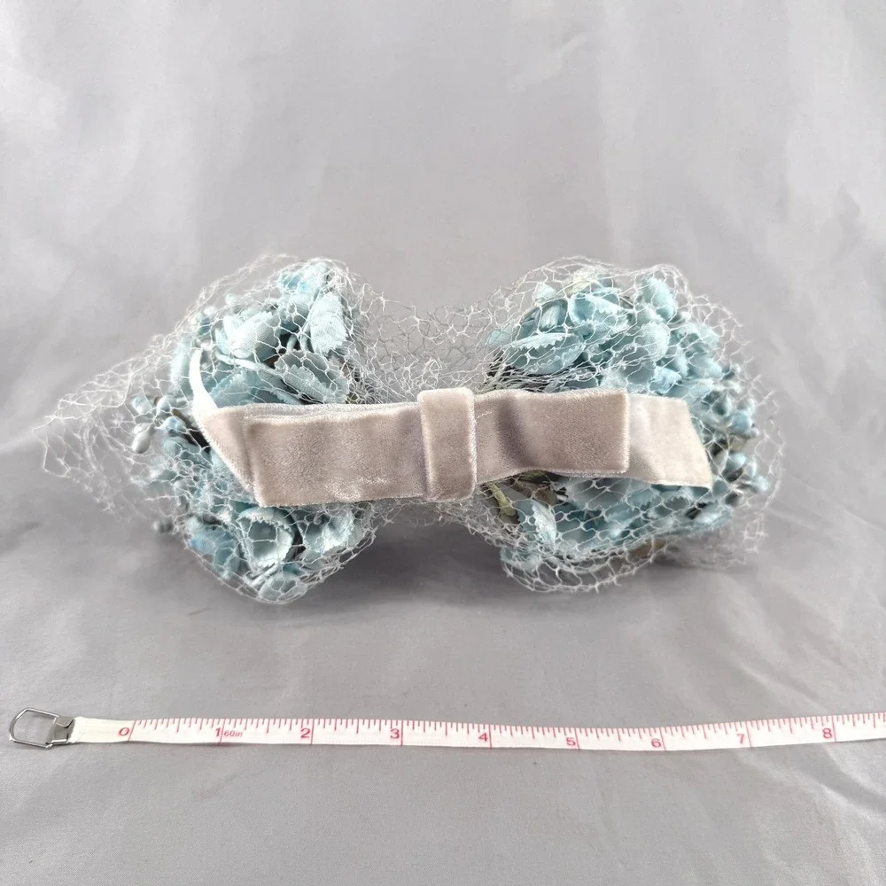 Vintage Union Made Blue Floral Birdcage Veil Headpiece Velvet Bow 526150 USA